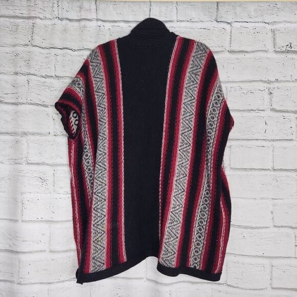 J Jill Women Fair Isle Black Red Open Front Shawl Cardigan M L Poncho Wool - Picture 8 of 13